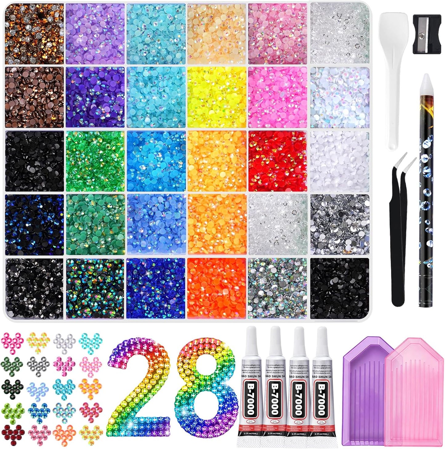 30000 Pcs Resin Jelly Rhinestones - 3mm Flatback Craft Gems | 24 Colors with B7000 Glue & Tools for Nail Art