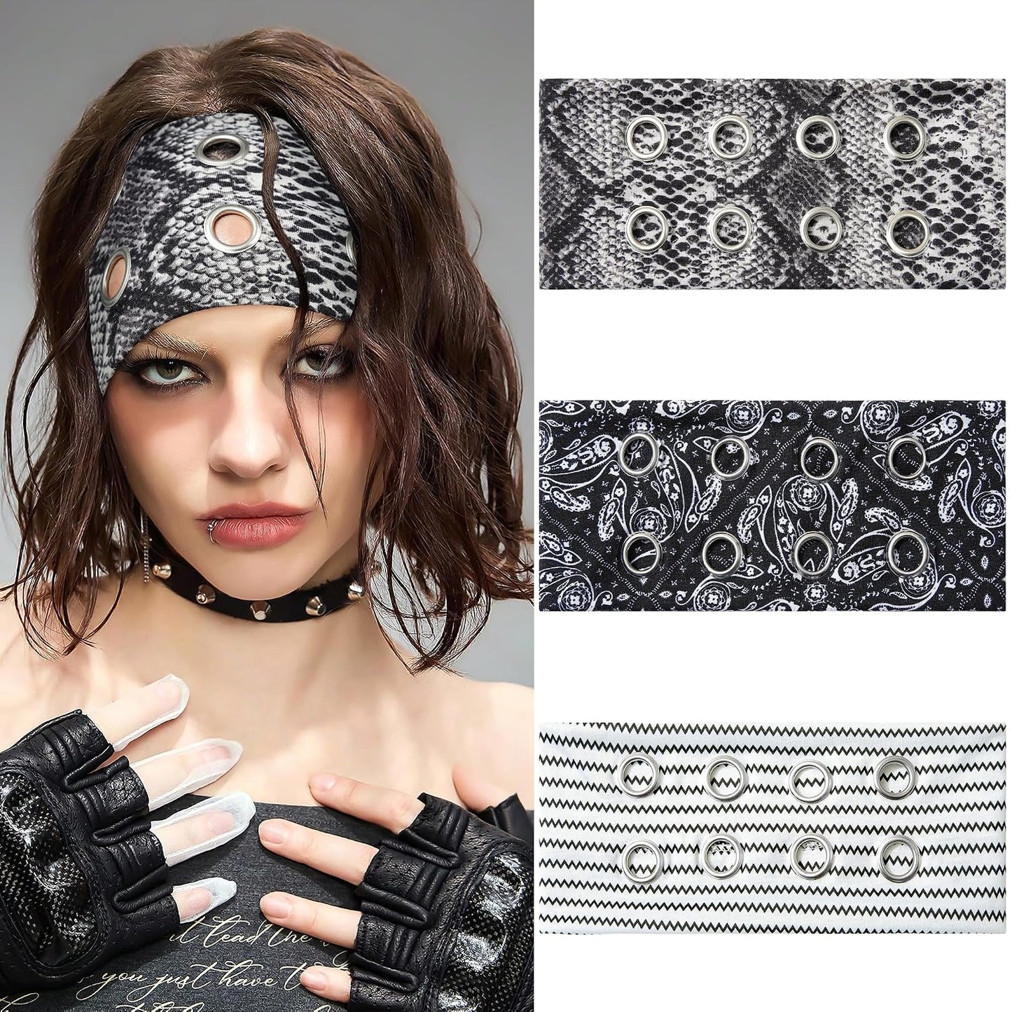 Fashion Grommet Wide Headbands for Women - 3 Pack Hollow Out Elastic Hair Accessories | Black, Snakeskin, Leopard, 3.9" Wide
