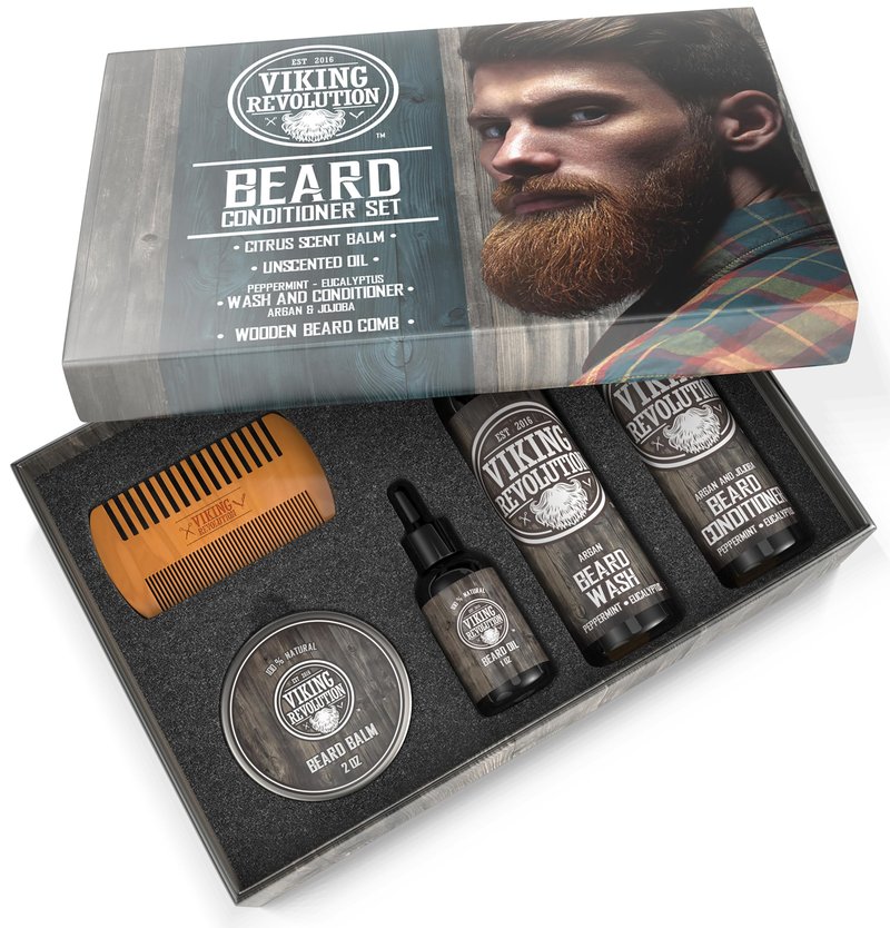 Viking Revolution Ultimate Conditioner for Men's Beard Grooming - Softens, Smoothes and Soothes Beard Itch- Contains Wash, Conditioner, Beard Oil, Balm and Comb- Classic Set