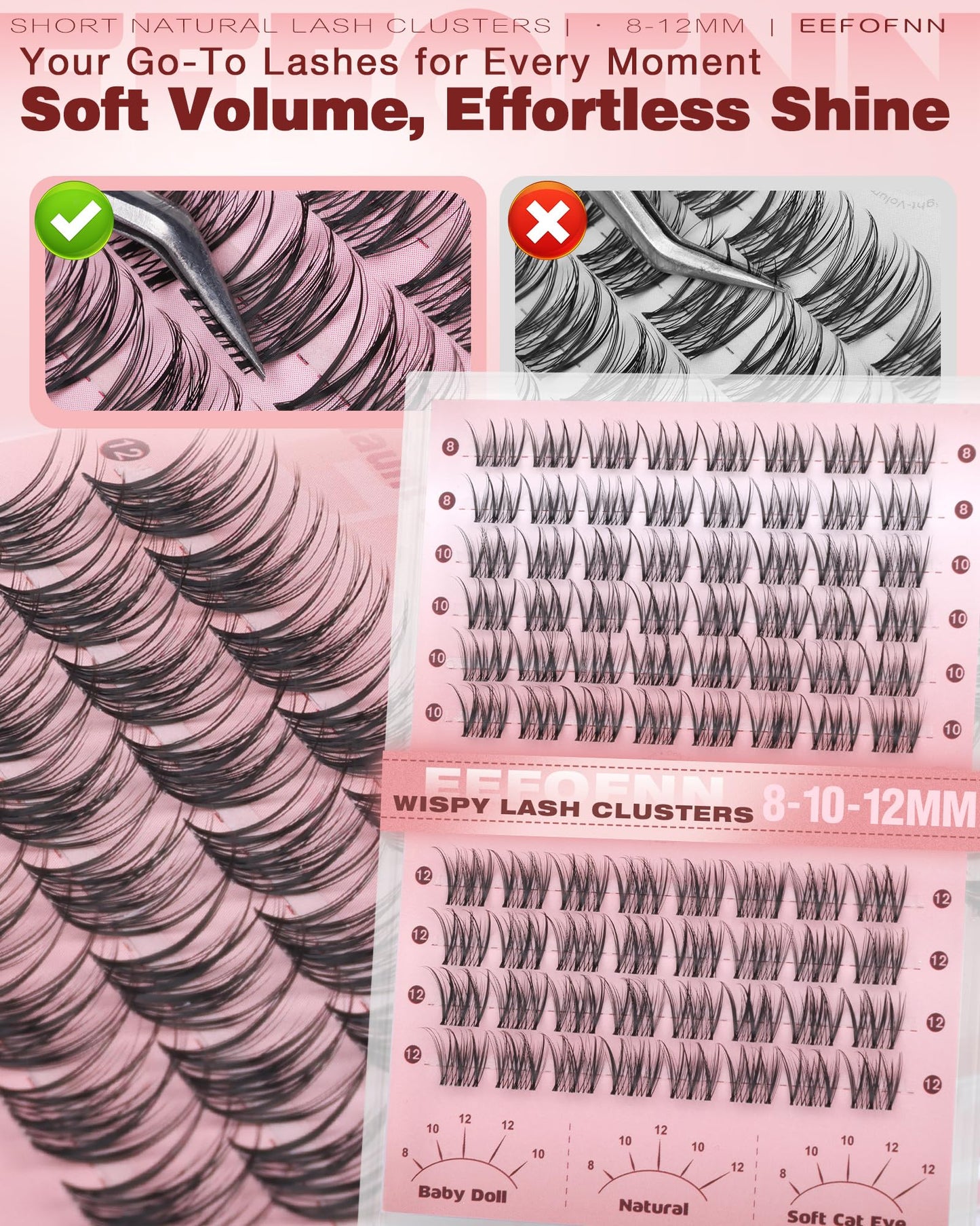Natural Lash Clusters Short Cluster Eyelash Extensions Wispy Individual Lashes 8-12mm Lash Cluster Clear Band Clusters Lashes Natural Look DIY Eyelash Extension Pestañas Postizas Naturales