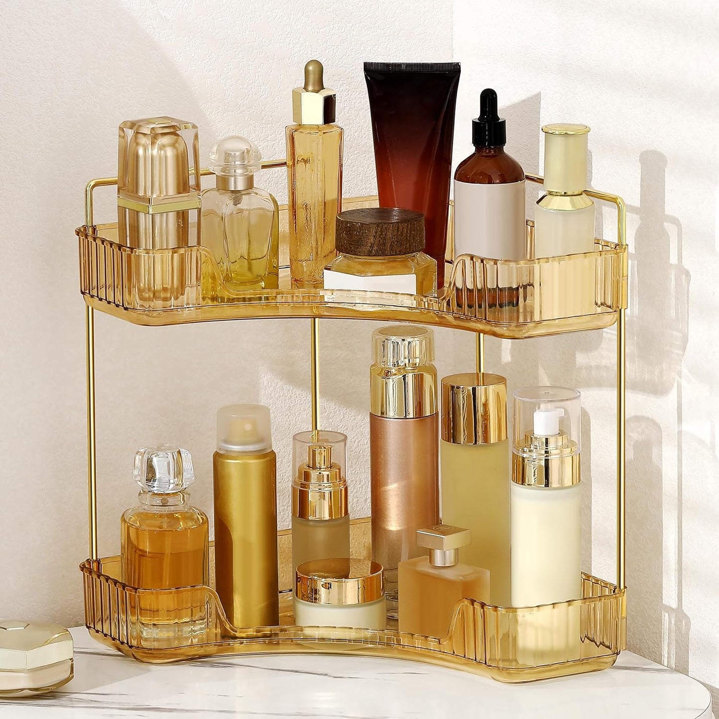 3 Tier Corner Bathroom Organizer - Stylish Makeup & Perfume Shelf for Vanity | Grey