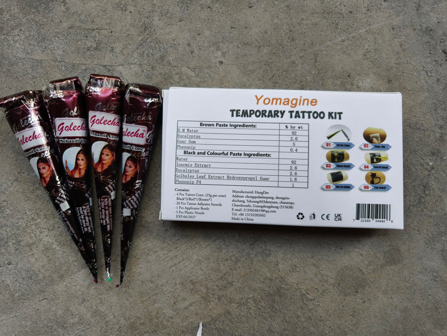 Temporary Tattoos Kit, 6Pcs Semi Permanent Tattoo Paste Cones, India Body DIY Art Painting for Women Men Teens,Summer Trend Freehand Plaste with 3 Colors,20Pcs Adhesive Stencil,1Pc Bottle,4Pcs Nozzles