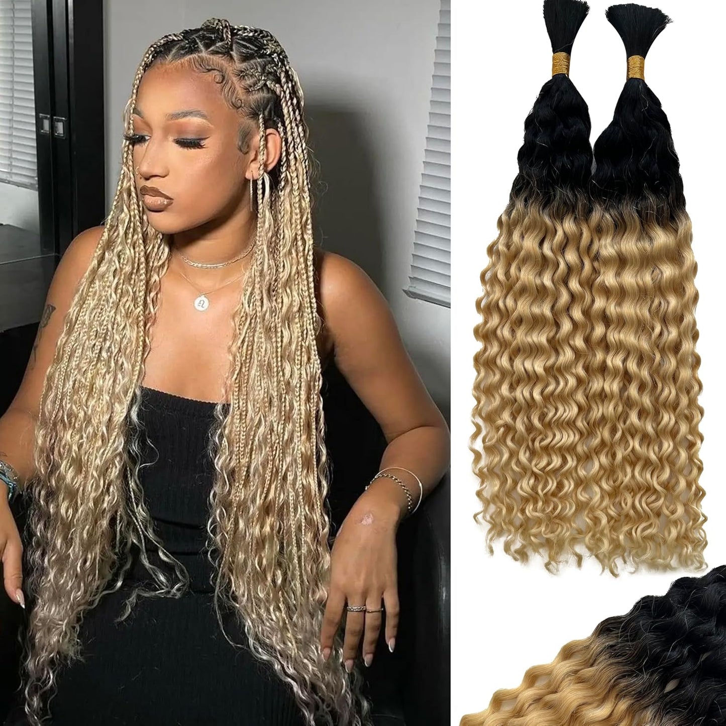 Braiding Human Hair Water Wave - 2 Bundles 100g Ombre Curly Extensions | 14 Inch Black/Brown Highlights
