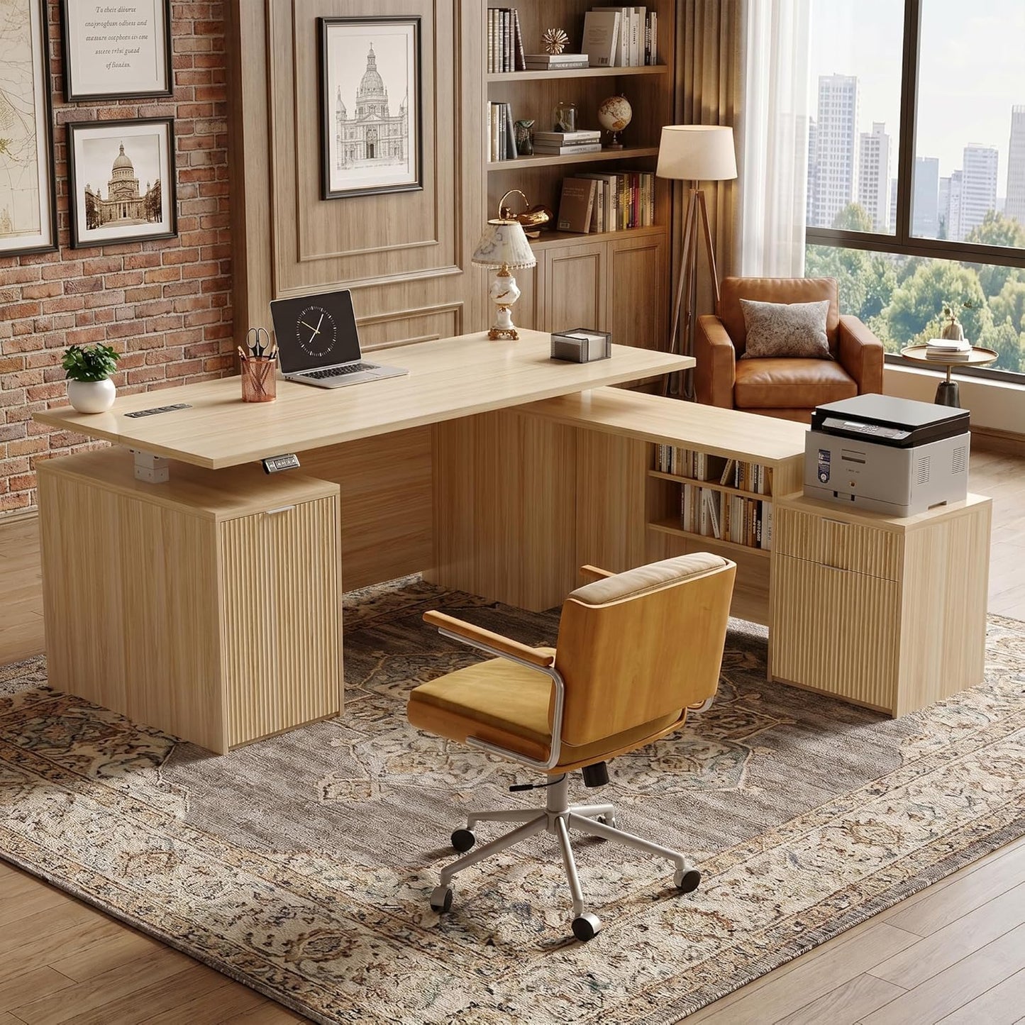 L Shaped Executive Desk - Height Adjustable Modern Office Workstation with File Cabinet & USB | Natural Wood Finish