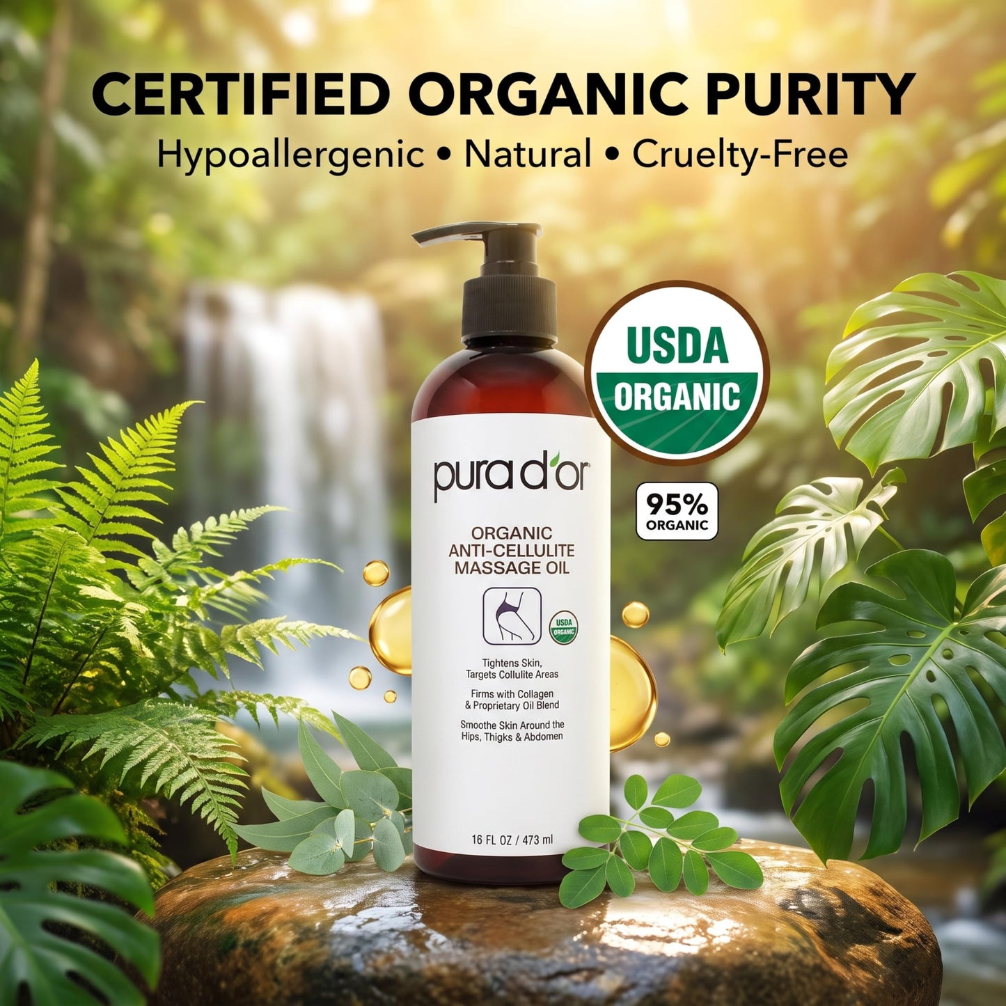 PURA D’OR 16 Oz Organic Anti-Cellulite Massage Oil for Toned Legs and Butt - Lemon Peel, Moringa, Grape Seed, Grapefruit & Eucalyptus Oils - Skin Firming & Tightening