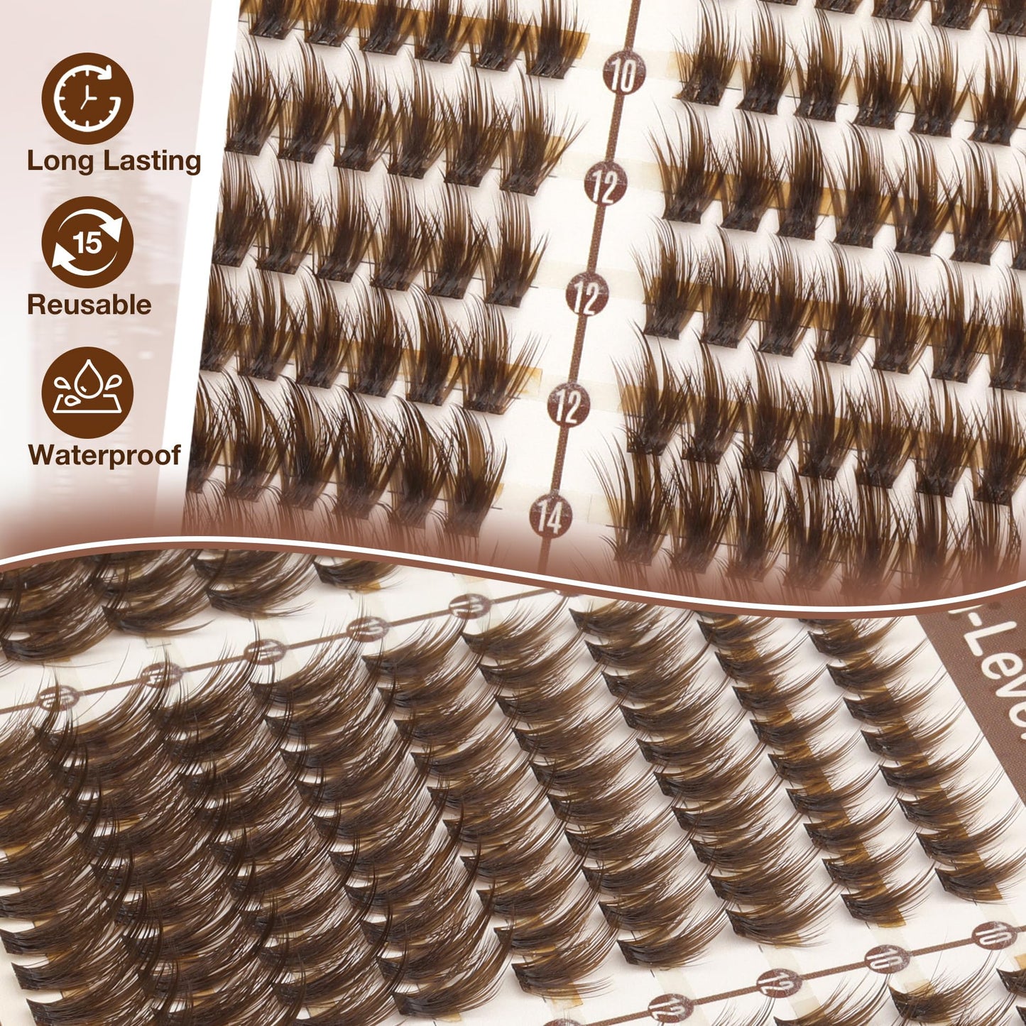 Mavphnee Brown Lash Clusters – Wispy Fluffy Individual Eyelash Extensions Dark Brown Featherlight Lashes with Seamless Flexible Band & CC Curl, 10-12-14-16MM 270PCS Value Pack