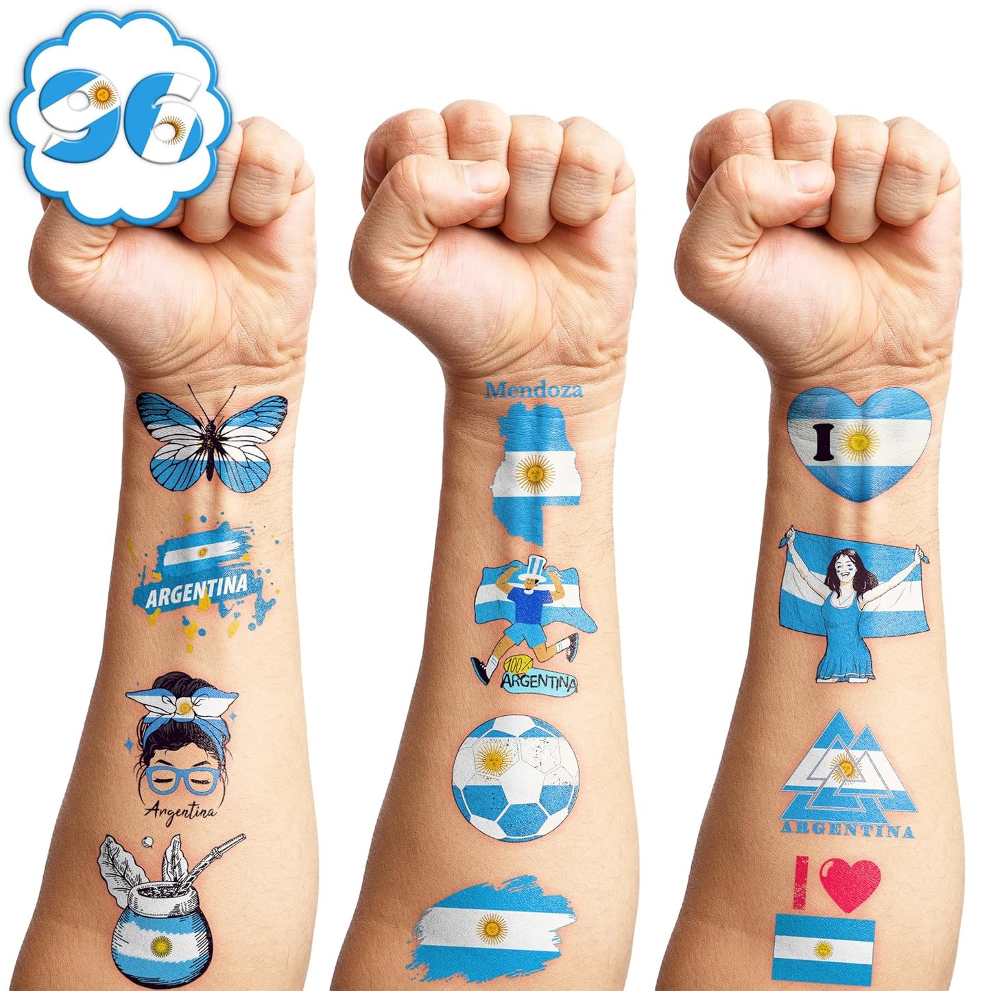 Argentina Soccer Party Favors - 96 PCS Pre-Cut Temporary Tattoos for Birthday Decor | Football Blue Stickers for Kids