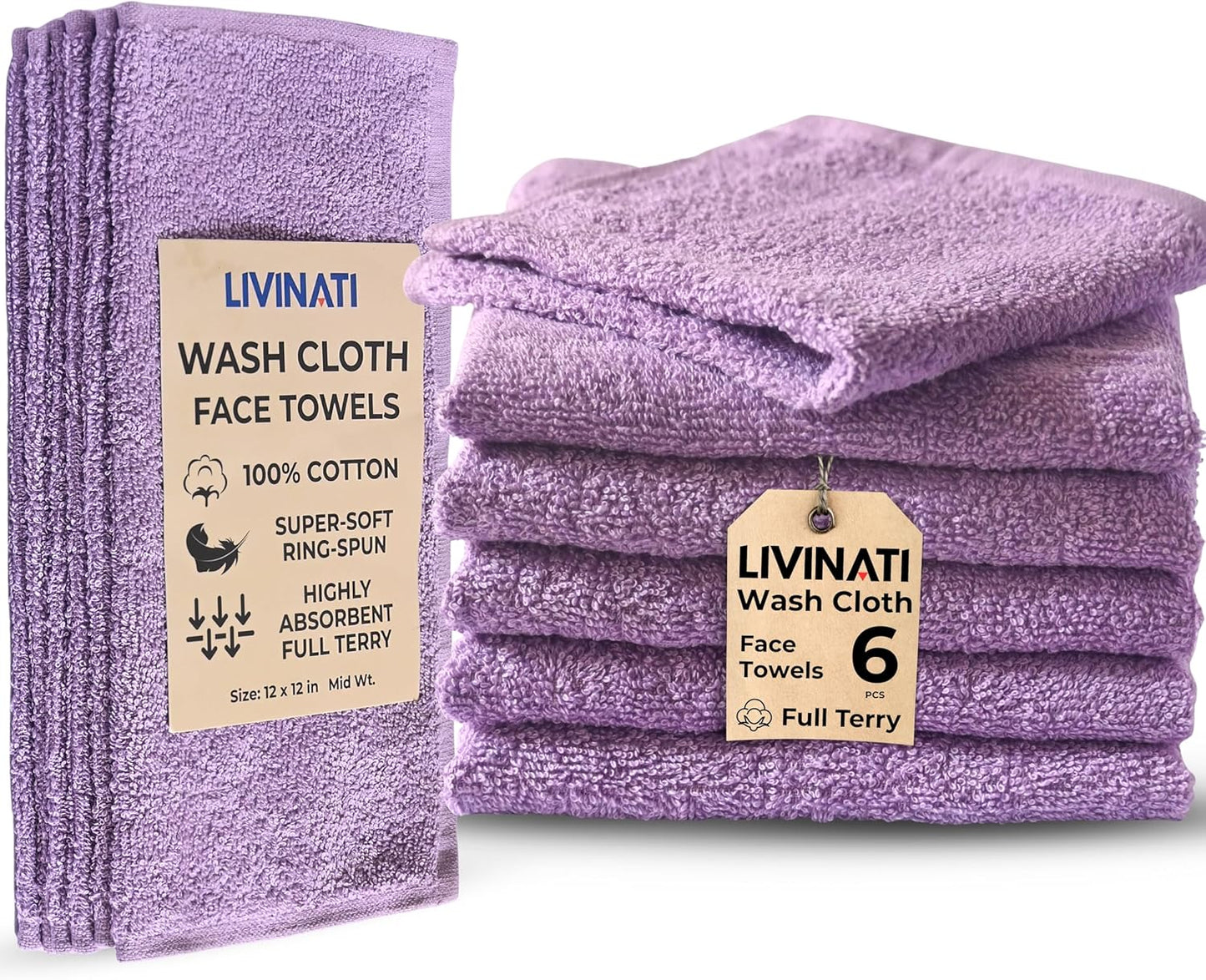 100% Cotton Wash Cloths - Soft Absorbent Shower and Face Towels | 12 Pack, 12" x 12" for Adults & Kids