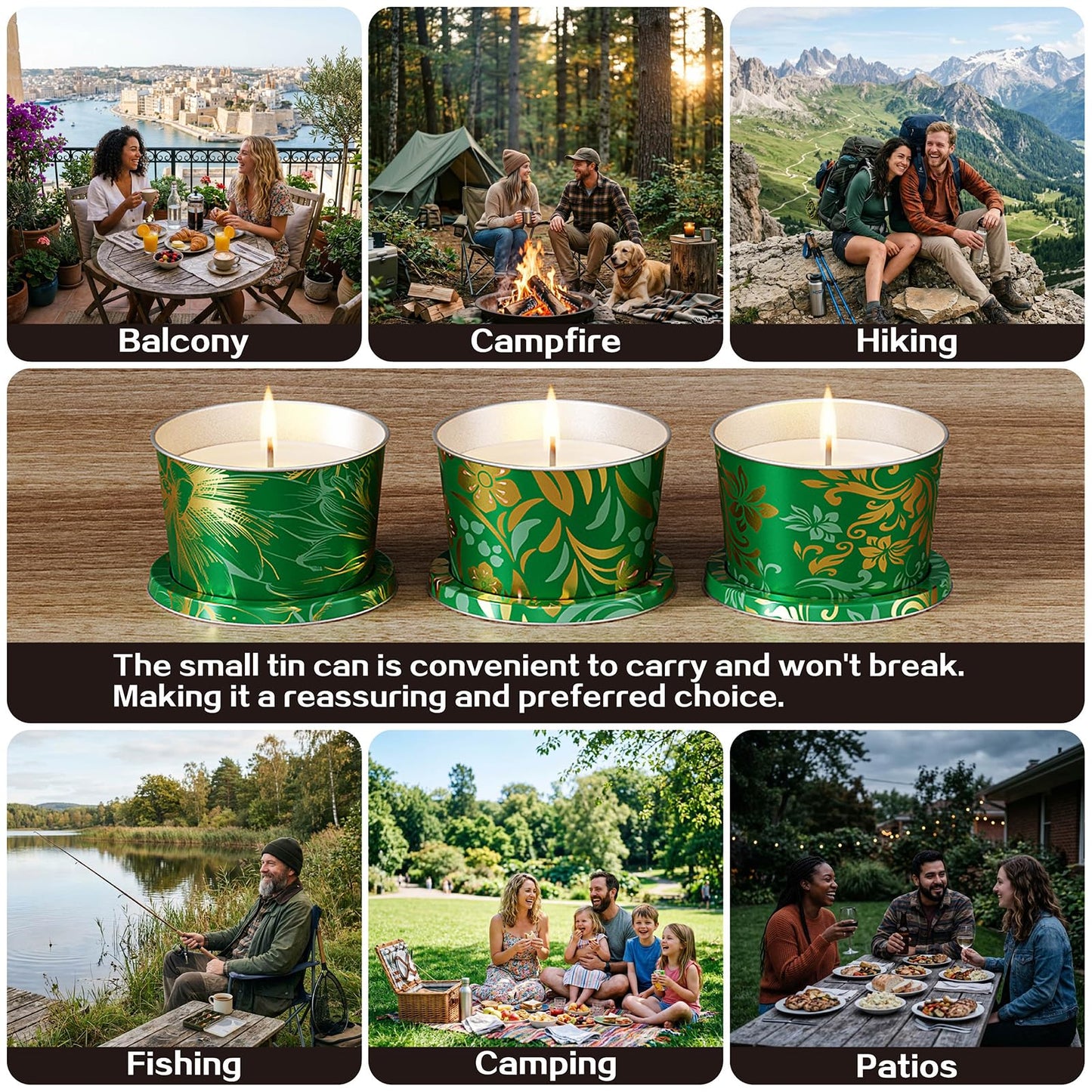 Citronella Candles Outdoor for Patio-3pcs Natural Soy Wax Portable Citronella Oil Candles in Decorative Tins, Long Lasting Summer Essentials for Camping, Backyard BBQ, Gardening & Outdoor Dining