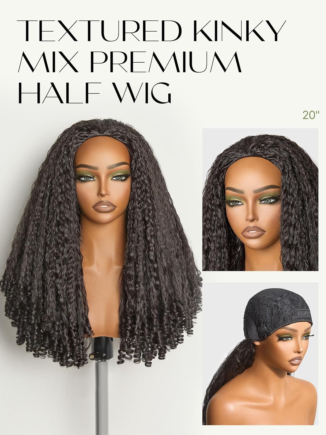 Frodio Kinky Curly Half Wig - 20" Glueless Drawstring Wig | 200% Density Natural Black Hair