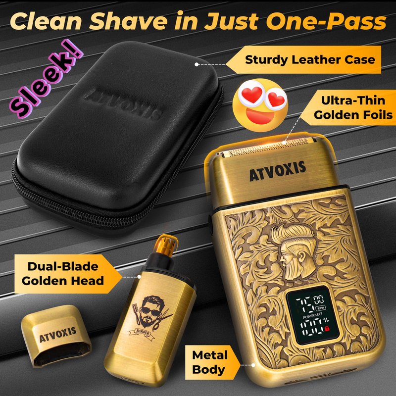 All-Metal Close Shave 3-Speed Foil Shaver for Men: 10,000 RPM Electric Nose & Ear Hair Trimmer Cordless Rechargeable USB-C Fast Charging Charger Included Travel Case (Bronze)