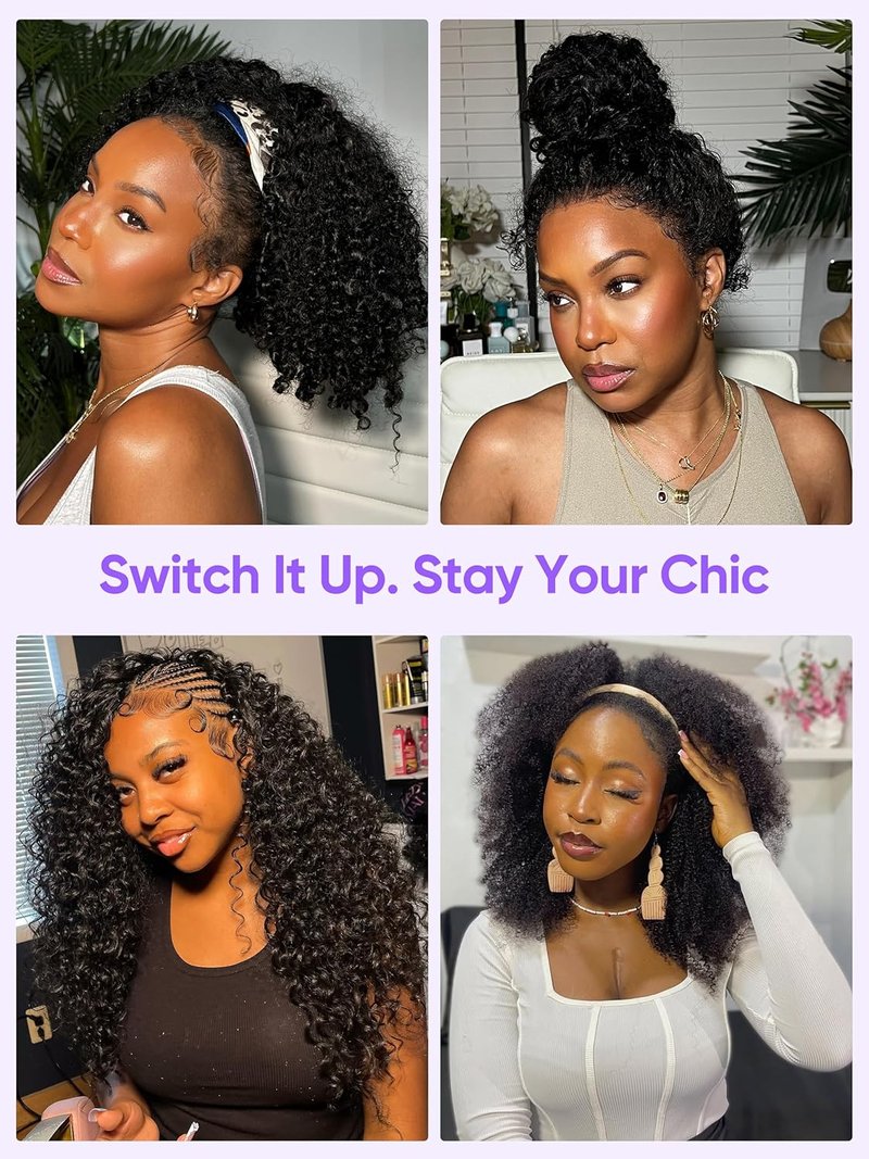 Kinky Curly Half Wig - Virgin Human Hair 1B | Glueless Drawstring | 22" True Length for Active Wear