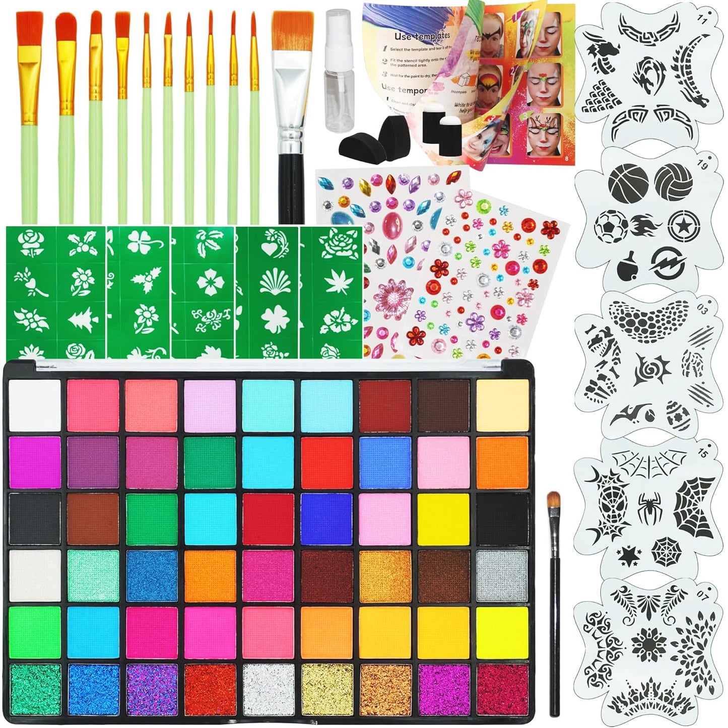 42 Color Face Painting Kit - Non-Toxic Water Activated Paint Set with Stencils & Brushes | Perfect for Halloween, Parties & Festivals