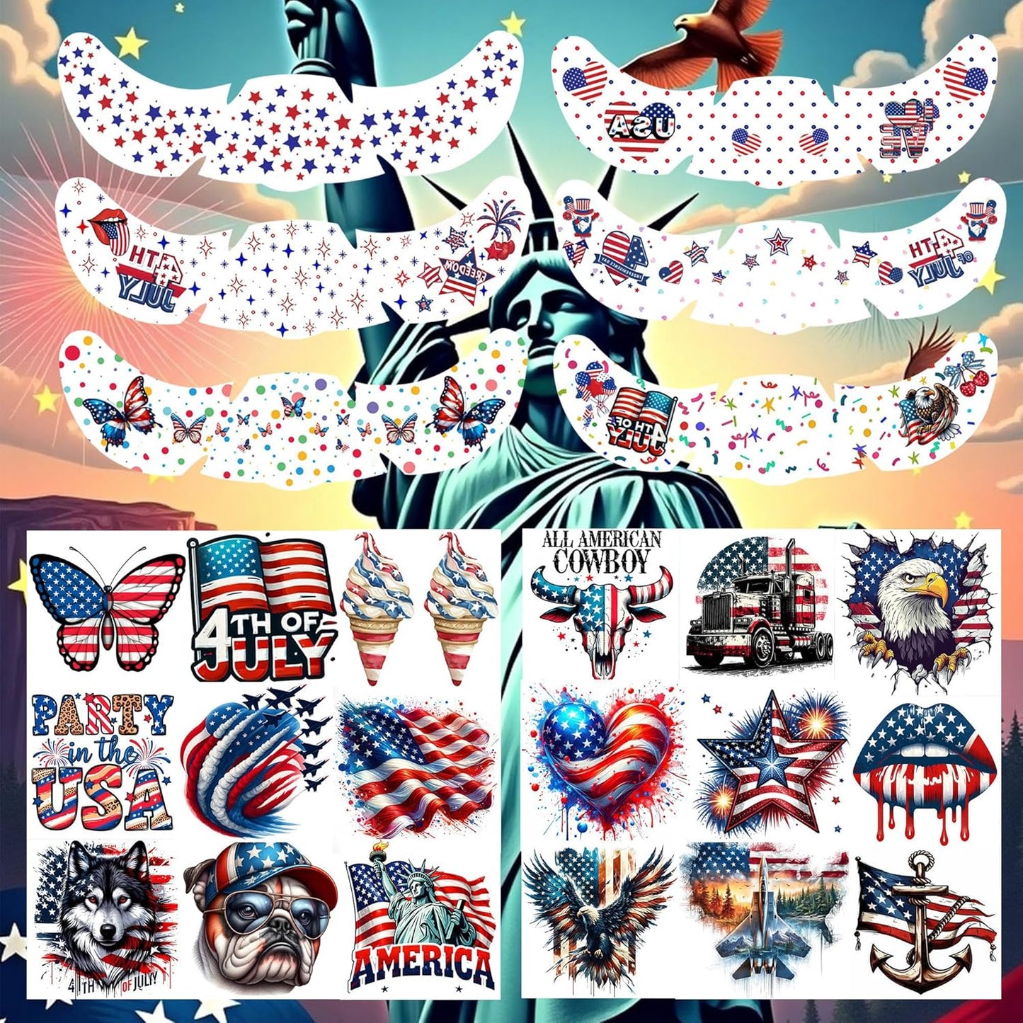 24 PCS Independence Day Temporary Tattoos | American Patriotic Face Freckles in Red, White & Blue