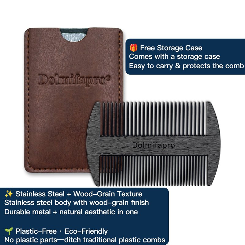 Dolmifapro 304 Stainless Steel Pocket Beard Comb for Men, Anti-Static Dual Fine Coarse Teeth Ultra-Thin Mustache Hair Grooming Comb with PU Leather Case (black)