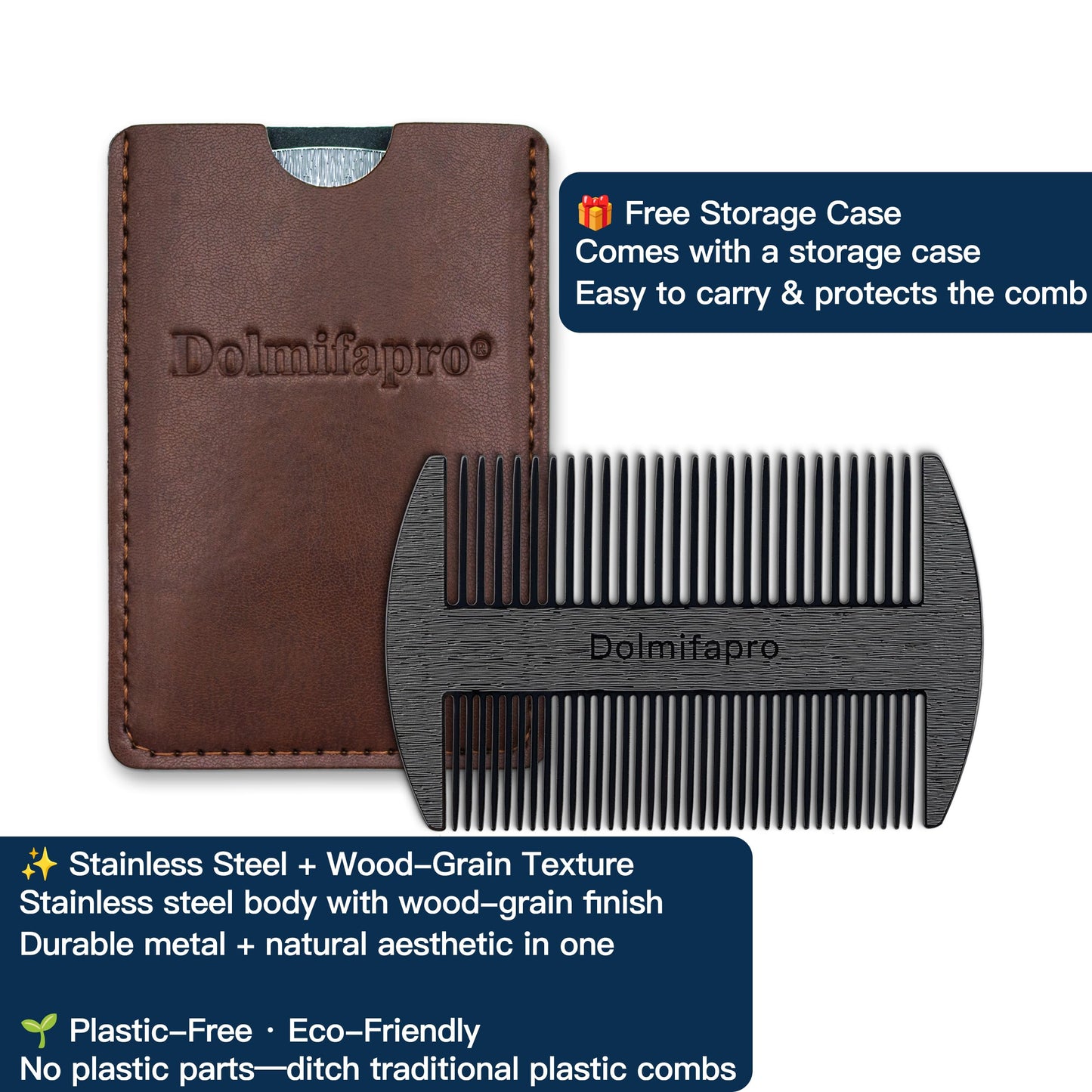 Dolmifapro 304 Stainless Steel Pocket Beard Comb for Men, Anti-Static Dual Fine Coarse Teeth Ultra-Thin Mustache Hair Grooming Comb with PU Leather Case (black)