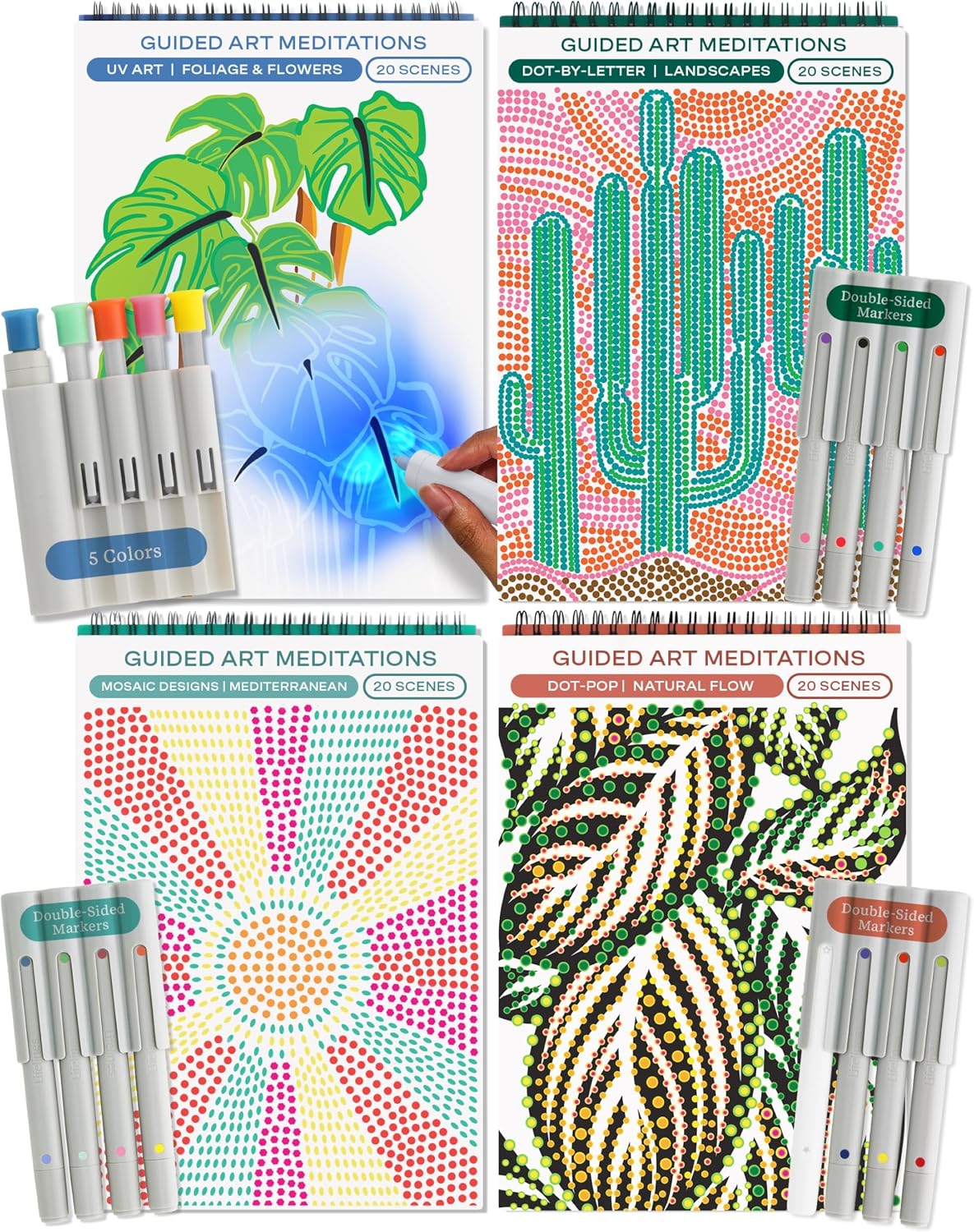 FlowArt Mini Activity Pads - Guided Dot-by-Letter Art Meditations | 3-Pack with 15 Markers & 60 Scenes for All Ages