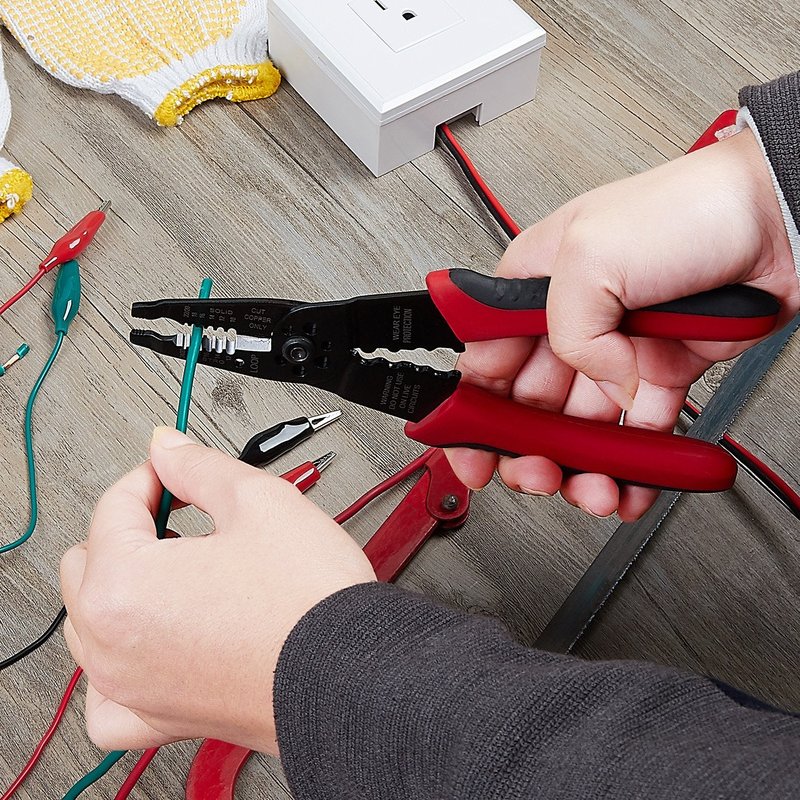 WGGE WG-015 Professional 8-inch Wire Stripper/Crimping Tool, Cable Cutter/Crimper, Wiring and Multi-Function Hand Tool, Red With Black