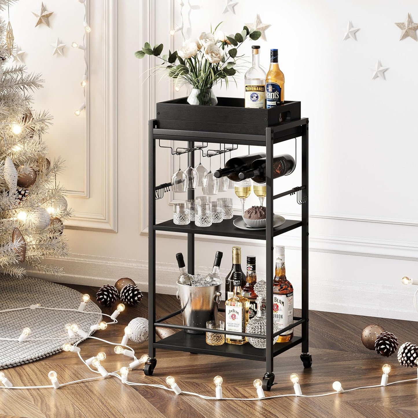 Gold Bar Cart - 3-Tier Rolling Beverage Cart with Removable Tray & Wine Rack | Stylish Small Drink Cart for Kitchen & Living Room