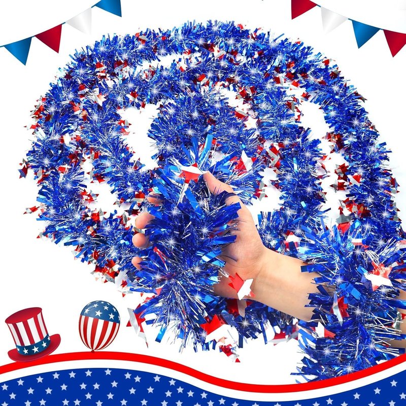 4th of July Decorations - Red, White & Blue Metallic Tinsel Garland for Holiday Parties | 50FT