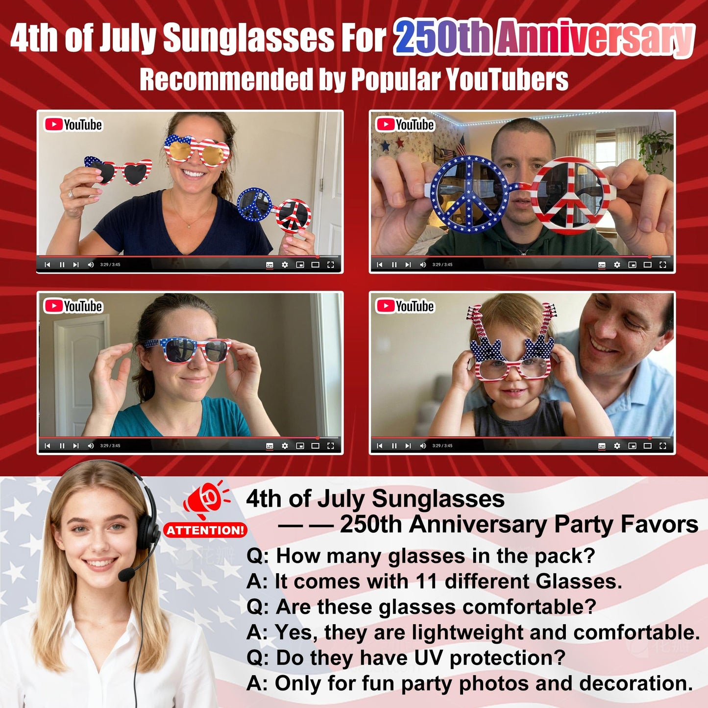 LIONO 11 Pack 4th of July Sunglasses, 250th Anniversary Patriotic USA Glasses, American Flag Sunglasses Red White Blue, Independence Day Memorial Day Party Favors for BBQ, Parade, Photo Booth Props