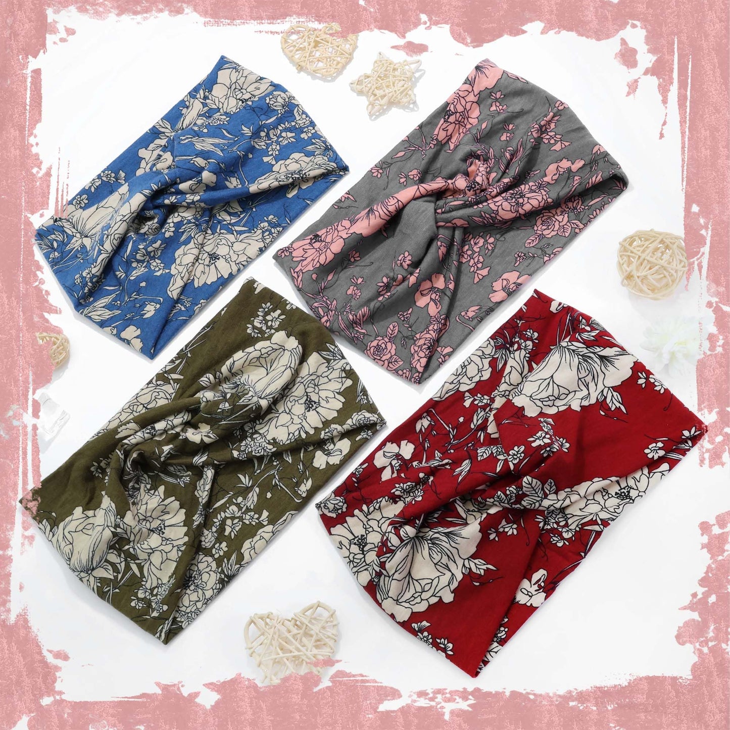 FARSYOD Boho Headbands For Women Wide Floral Hairbands Crisscross Stretchy Headwraps Fashion African Hair Turban Band for Girls Ladies NonSlip Workout Yoga Daily Life 4 Pack