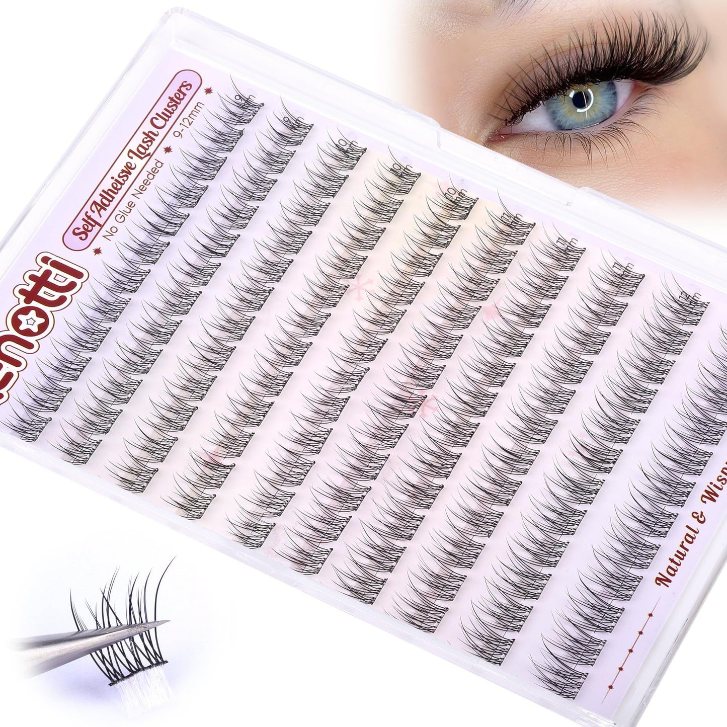 Natural Self Adhesive Clusters Lashes No Glue Self Adhesive Wispy Cluster Eyelashes Extensions Pre-glued Lashes Cluster Reusable C-Curly Individual Lashes 9-12mm Press on Lash by zenotti