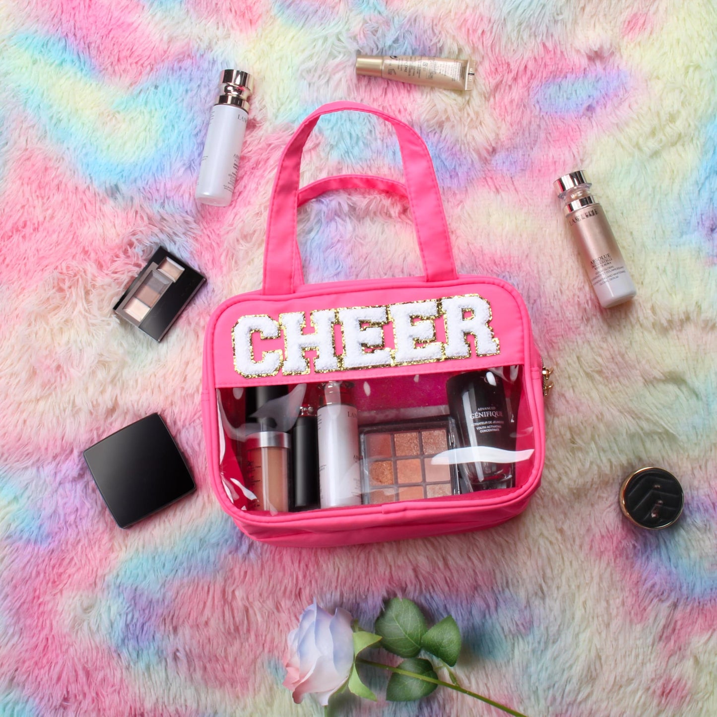 BuyCard Cheer Chenille Letter Bags Clear Makeup Bag for Travel, Cheerleader Gifts Cosmetic Bag with Handles and Zipper, Nylon & PVC Waterproof Large Cheer Accessories Toiletry Bag for Women