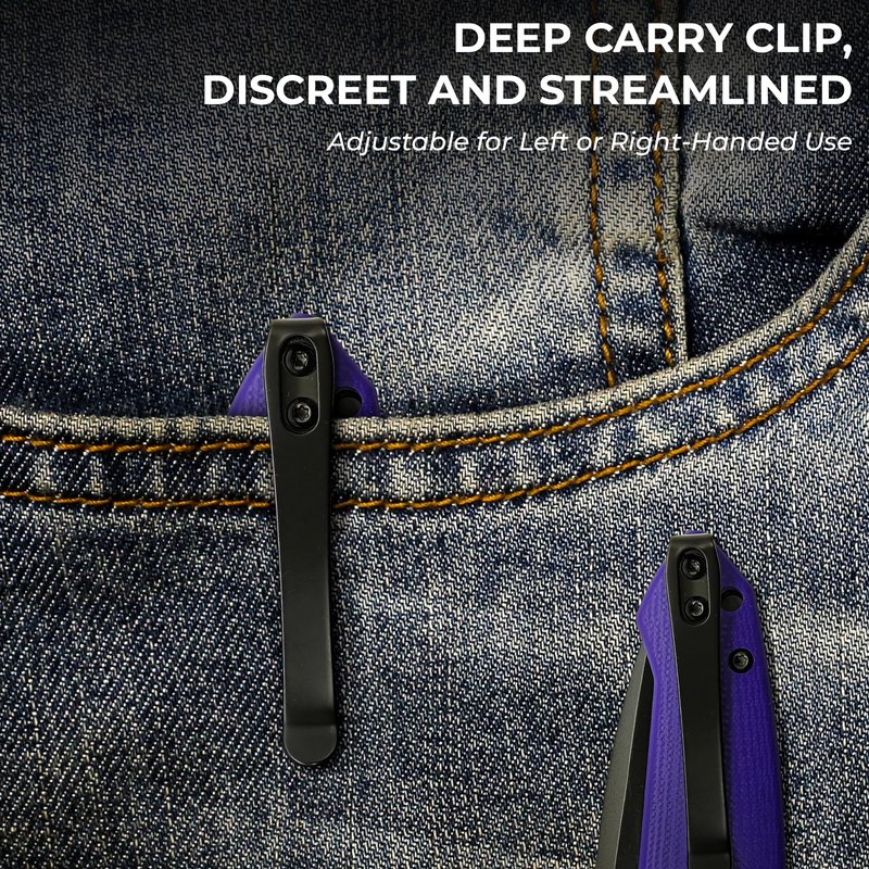 WSSGEAR D2 Steel Folding Pocket Knife with Side Lock - 4.64” Purple G10 Handle, Blue Damascus Inlay, Black Titanium Coated EDC Blade, Bonus Emergency Pocket Wire Saw