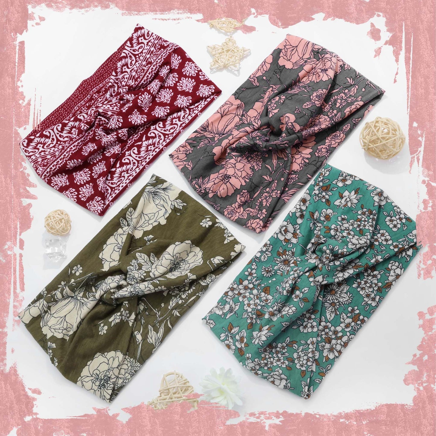 FARSYOD Boho Head Bands for Women Wide Non Slip Hairbands Crisscross Knotted Headwraps Fashion Floral Headband African Red Turban Stretchy Soft Workout Daily Life Gift 4 Pack