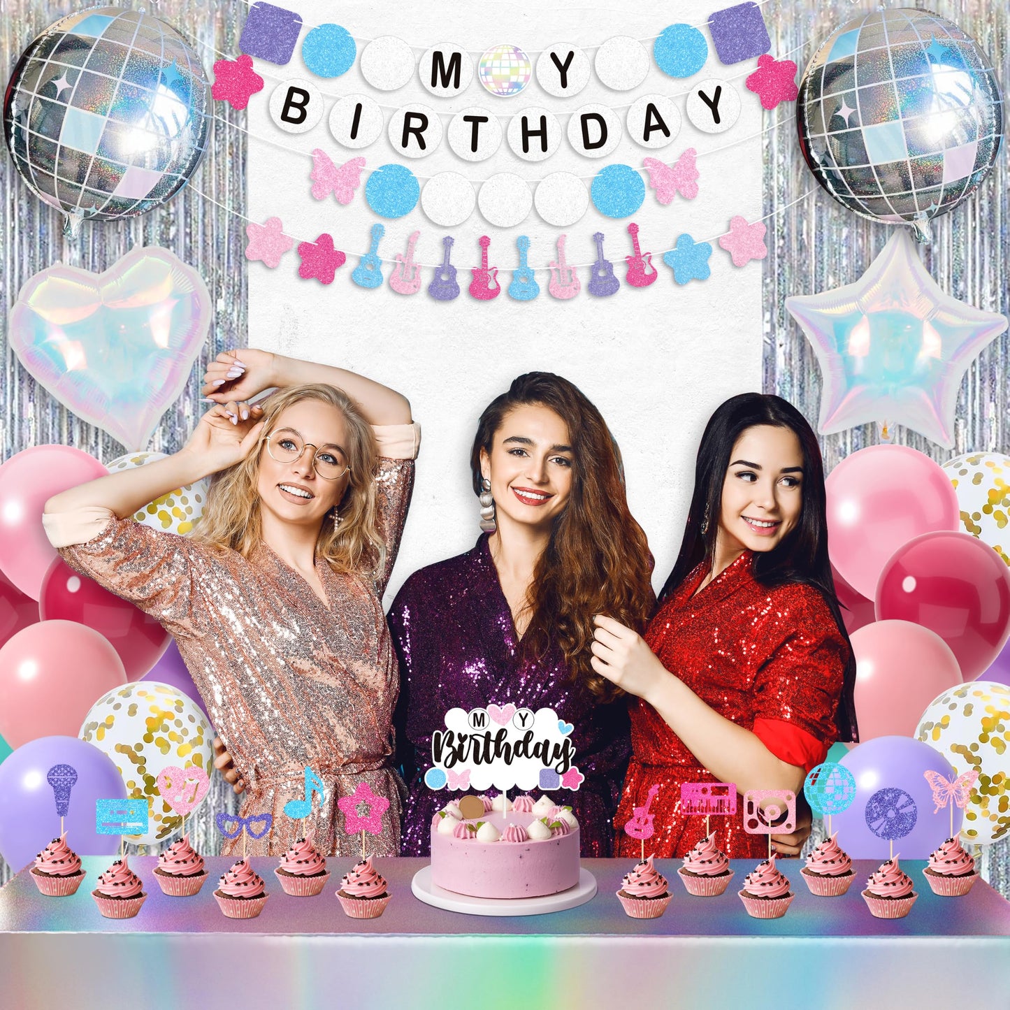 Music Birthday Decorations, Popular Singer Theme Party Supplies for Girls Pink Purple Balloon Arch Friendship Bracelet Garland Backdrop Cake Toppers Hanging Swirls