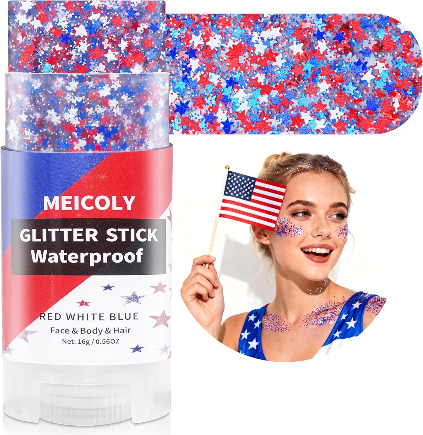 Red White and Blue Star Face Glitter Stick - Waterproof USA Flag Makeup | 4th of July Accessories for Women & Kids