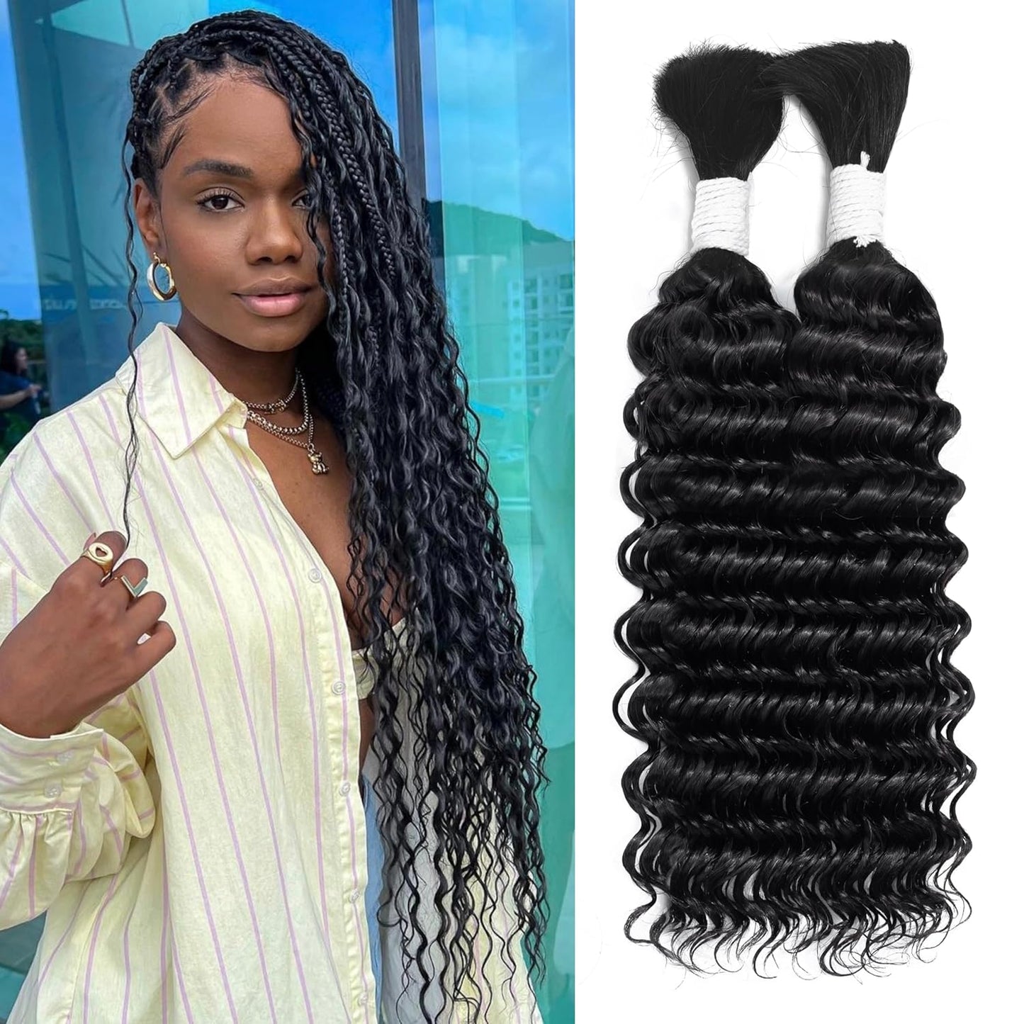 Human Braiding Hair - 100% Unprocessed 12A Brazilian Virgin Deep Wave | 14 Inch, Natural Color, 2 Bundles