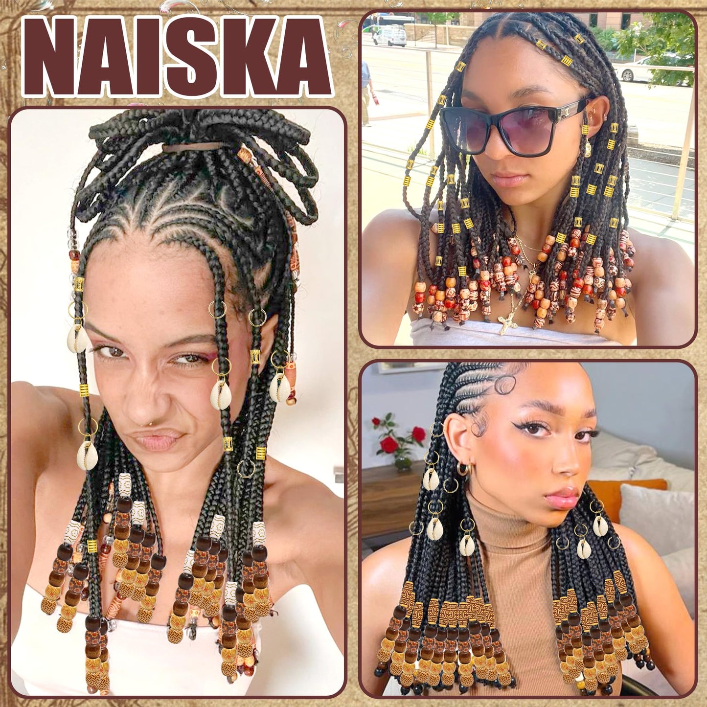 NAISKA 85PCS Shell Hair Jewelry for Braids Wooden Hair Beads Seashell Pendents Braid Jewelry Gold Hair Cuffs Rings Assorted Beads for Braids Multi-styles Braid Accessories for Women Girls