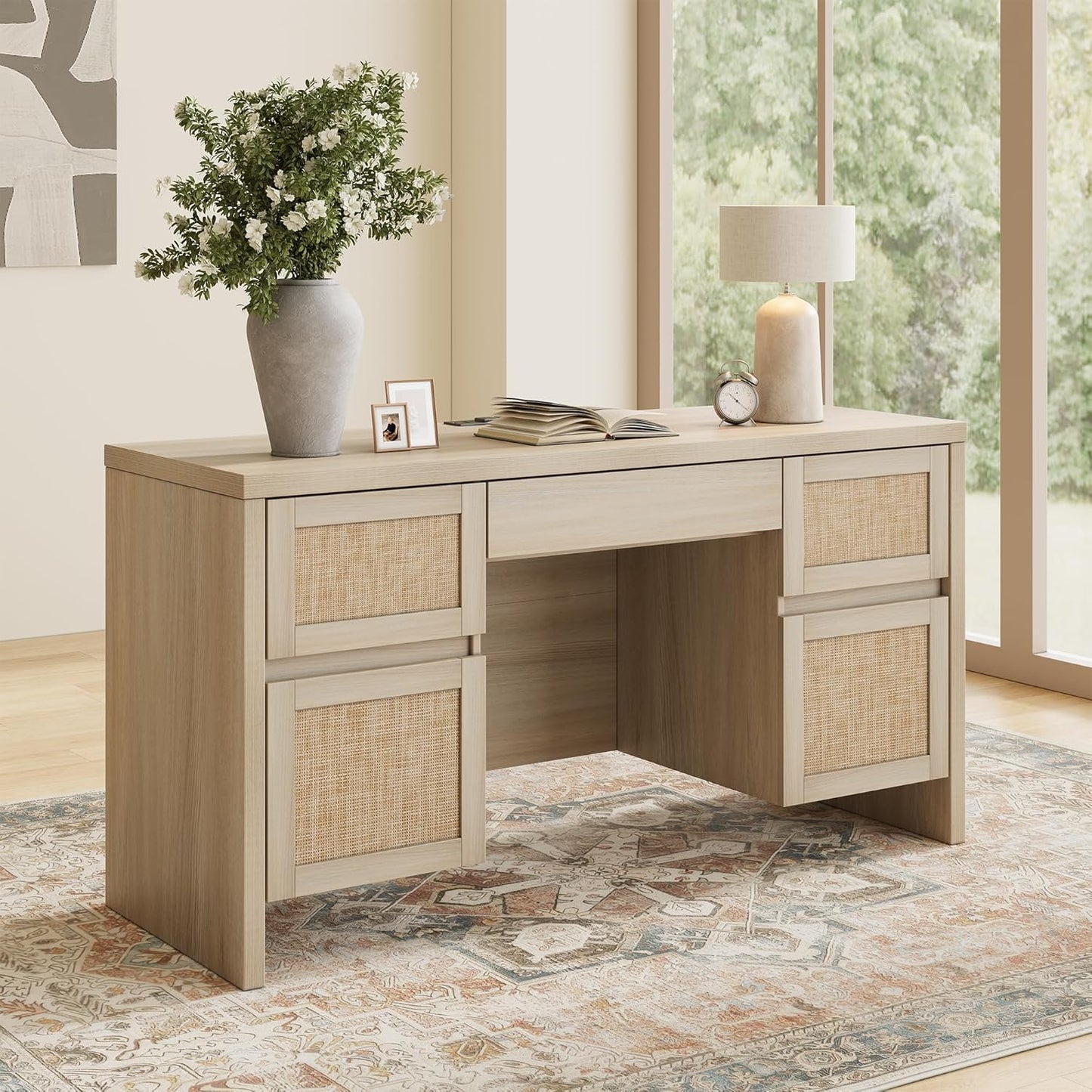 Yechen Executive Desk - 57" Modern Rattan Home Office Desk with Charging Station | Walnut Brown, 5 Drawers