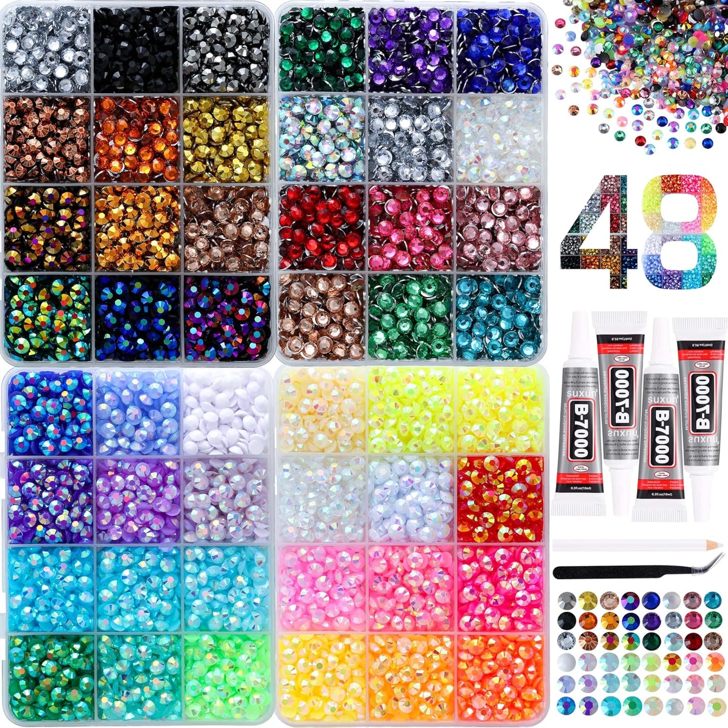 Rhinestones for Bedazzling | 30,000 Pcs 3mm Flatback Gems in 48 Colors with Glue & Tweezers for Nail Art & Crafting
