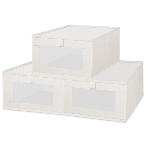 Collapsible Linen Storage Bins 3-Pack with Clear Window | Beige 16x11x7