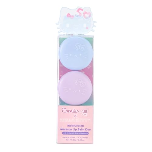 The Crème Shop Hello Kitty Lip Balm Duo - Hydrating Macaron Lip Moisturizer, Limited Edition, 50th Anniversary, Cool Mint & Acai Berry