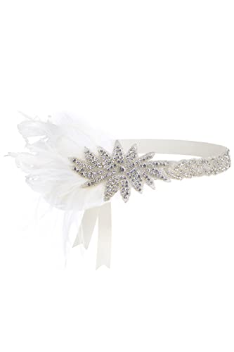 1920s Vintage White Flapper Headband with Feather & Crystals