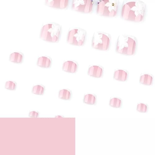 Sevgob Pattern T46 Short Square French Tip Press-On Toe Nails 24Pcs - Reusable Pink & White Flower Finish for Women & Men