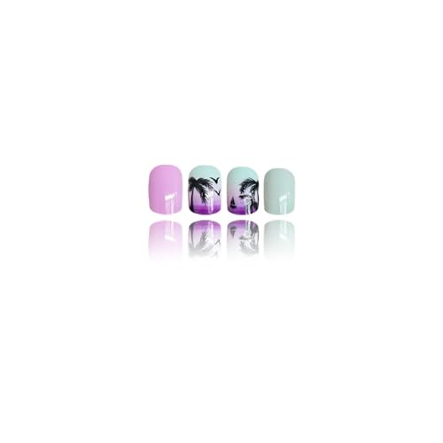 Sevgob Pattern W8 Summer Press On Nails Short Square Tropical Beach Sunset Design Glossy Ombre Blue Purple Reusable Fake Nails