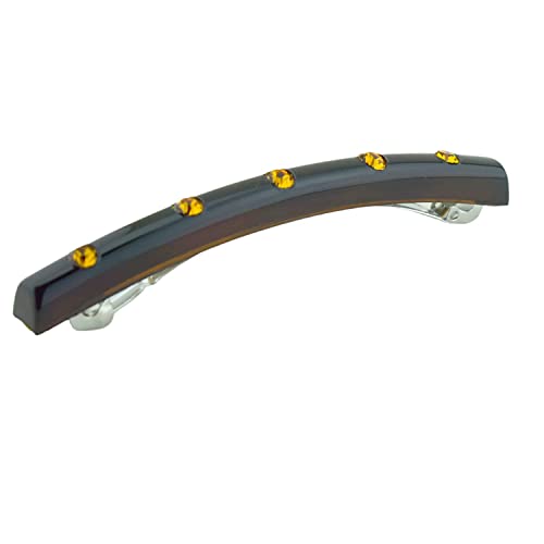 Parcelona French Long Narrow Celluloid Hair Barrette with Crystals - Shell Brown, No Slip Grip, Made in France