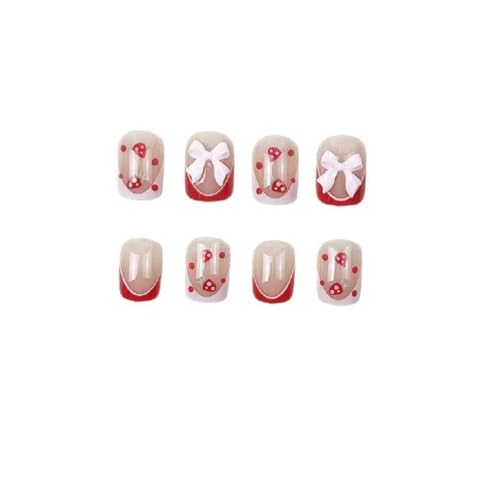 Short Square Press-On Nails with 3D Bow Strawberry Design - 24 Pcs