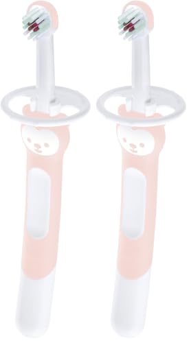 MAM Baby Training Toothbrush with Safety Shield & Character Brushy The Bear – Pink, Pack of 2, 5+ Months