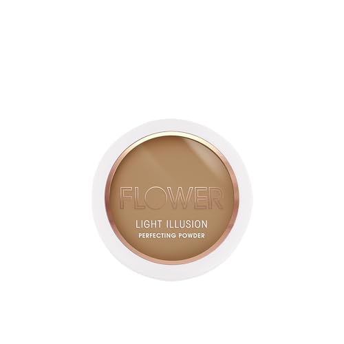 FLOWER Beauty Light Illusion Perfecting Powder in Mocha - Medium Buildable Coverage, Glow Finish, Includes Mirror & Sponge