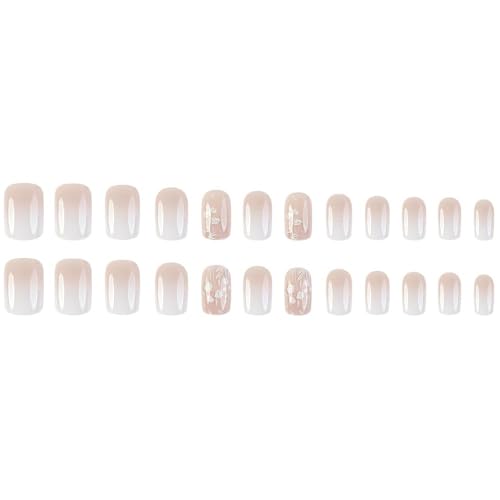 White Gradient Press-On Nails with Flower Design - 24 Pieces