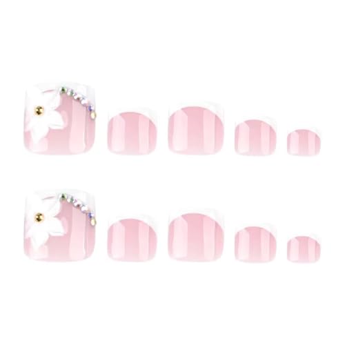 Sevgob Pattern T46 Short Square French Tip Press-On Toe Nails 24Pcs - Reusable Pink & White Flower Finish for Women & Men