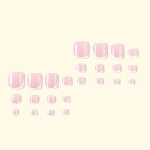 Pink French Tip Press-On Toenails - 24 Pcs Short Square Set