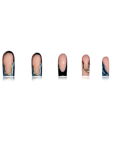 RUOKEXIN Long Square French Tip Press-On Nails Gold Ombre Fake Nails with Designs, 24Pcs - C5C44