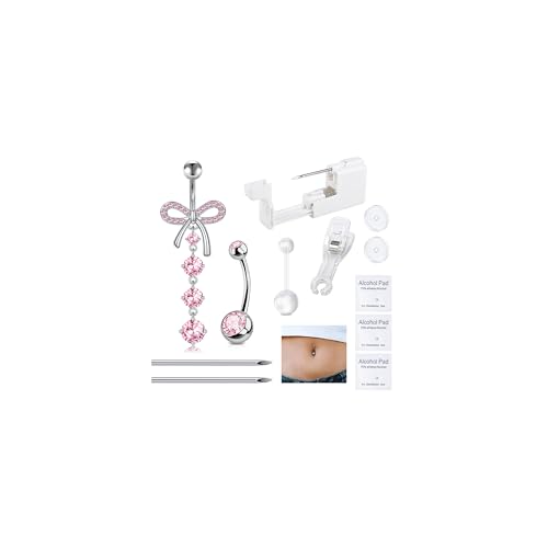 DJCIW 12PCS Belly Button Piercing Kit with 14G CZ Butterfly Ring, Silvery Pink, 10mm-14mm